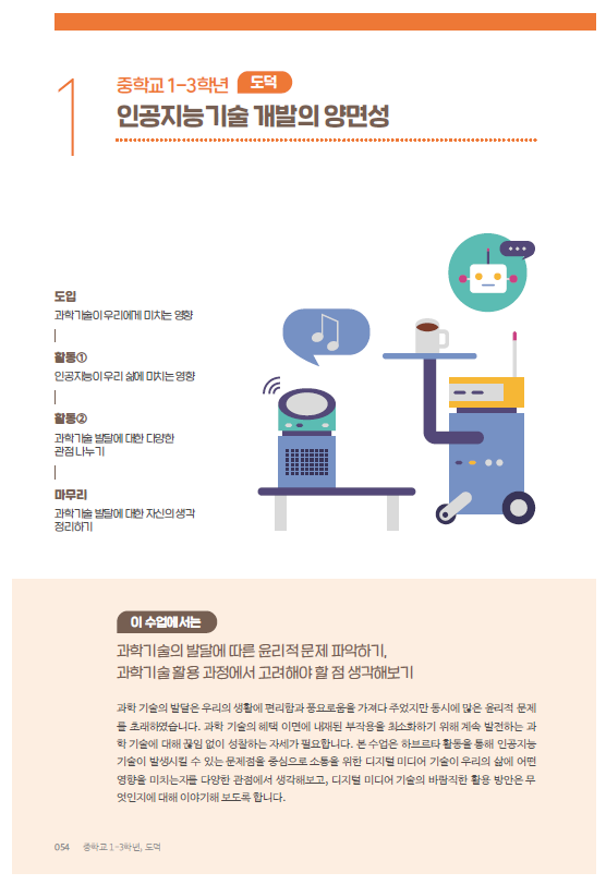 중학교 1-3학년 도덕 인공지능기술 개발의 양면성 - 도입:과학기술이 우리에게 미치는 영향, 활동1: 인공지능이 우리 삶에 미치는 영향, 활동2: 과학기술 발달에 대한 다양한 관점 나누기, 마무리:과학기술 발달에 대한 자신의 생각 정리하기 / 이 수업에서는 과학 기술의 발달에 따른 윤리적 문제 파악하기, 과학기술활용 과정에서 고려해야 할 점 생각해보기 / 과학 기술의 발달은 우리의 생활에 편리함과 풍요로움을 가져다 주었지만 동시에 많은 윤리적 문제를 초래하였습니다. 과학 기술의 혜택 이면에 내재된 부작용을 최소화하기 위해 계속 발전하는 과학 기술에 대해 끊임 없이 성찰하는 자세가 필요합니다. 본 수업은 하브르타 활동을 통해 인공지능 기술이 발생시킬 수 있는 문제점을 중심으로 소통을 위한 디지털 미디어 기술이 우리의 삶에 어떤 영향을 미치는지를 다양한 관점에서 생각해보고, 디지털 미디어 기술의 바람직한 활용 방안은 무엇인지에 대해 이야기해보도록 하겠습니다.