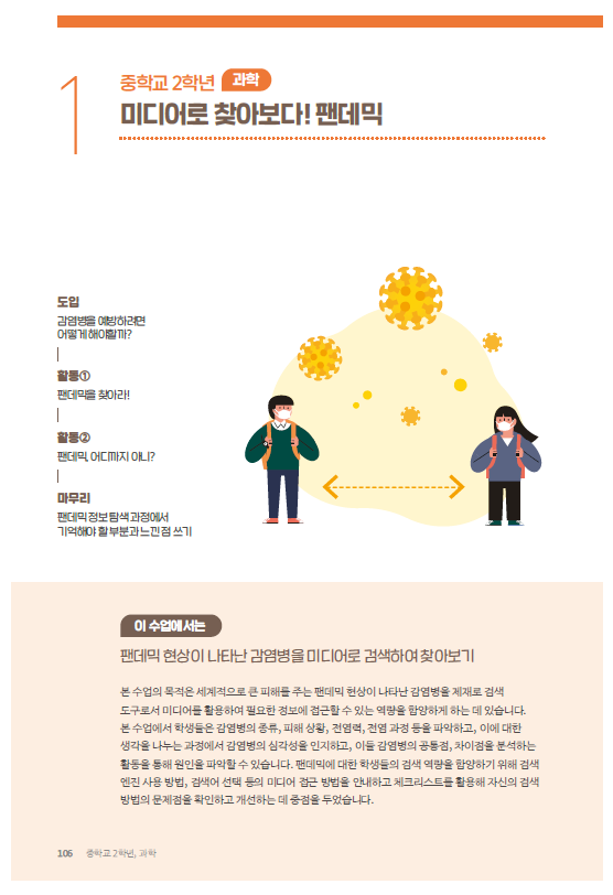 중학교 2학년 과학:미디어로 찾아보다! 팬데믹 - 도입:감염병을 예방하려면 어떻게 해야할까?, 활동1:팬데믹을 찾아라!, 활동2: 팬데믹, 어디까지 아니?, 마무리:팬데믹 정보탐색과정에서 기억해야 할 부분과 느낀점 쓰기 / 이 수업에서는 팬데믹 현상이 나타난 감염병을 미디어로 검색하여 찾아보기 / 본 수업의 목적은 세계적으로 큰 피해를 주는 팬데믹 현상이 나타난 감염병을 제재로 검색 도구로서 미디어를 활용하여 필요한 정보에 접근할 수 있는 역량을 함양하게하는 데 있습니다. 본 수업에서 학생들은 감염병의 종류, 피해 상황, 전염력, 전염 과정 등을 파악하고, 이에 대한 생각을 나누는 과정에서 감염병의 심각성을 인지하고, 이들 감염병의 공통점, 차이점을 분석하는 활동을 통해 원인을 파악할 수 있습니다. 팬데믹에 대한 학생들의 검색 역량을 함양하기 위해 검색 엔진 사용 방법, 검색어 선택 등의 미디어 접근 방법을 안내하고 체크리스트를 활용해 자신의 검색 방법의 문제점을 확인하고 개선하는데 중점을 두었습니다.